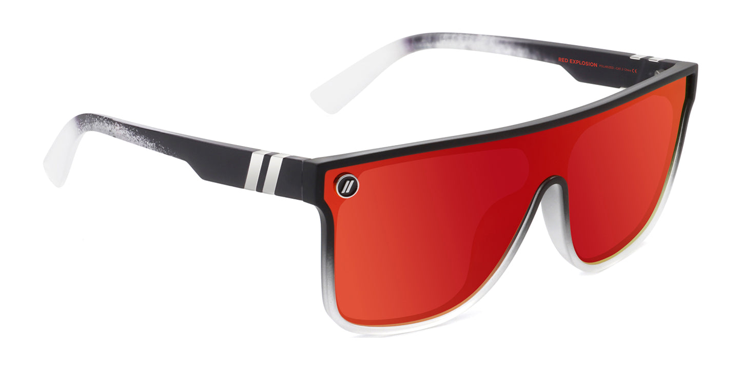 Red Explosion Polarized Sunglasses - Red Shield Sunglasses With Clear & Black Frames Sunglasses | $58 US | Blenders Eyewear